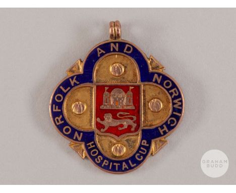 Reginald Wilkinson 9ct gold and enamel Norfolk and Norwich Hospital Cup medal, 1921-22, the obverse inscribed NORFOLK AND NOR
