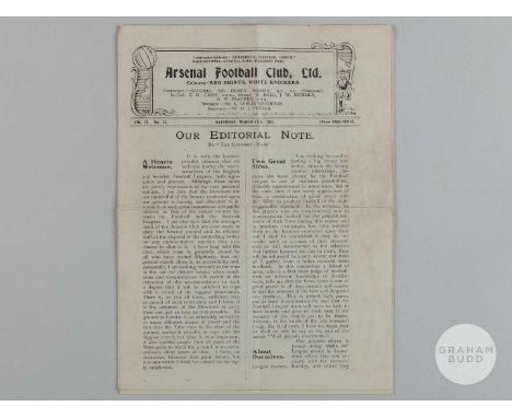 The Football League v. Scottish Football League match programme, 12th March 1921, played at Highbury, Football League players