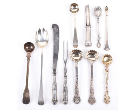 Ten pieces of 19th century flatware items, including shell pattern spoons, pickle knife and fork, snuff spoon, and Georgian s