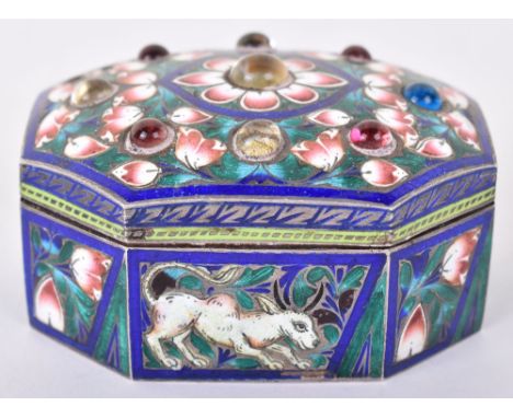 An Indian silver and enamel silver box, the lid inset with stones and enamel work of flowers and foliage, octagonal base, 6.5