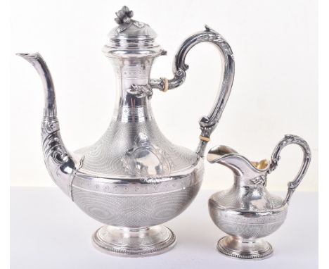 A 19th century French coffee pot and cream, Fray Fils, Paris, circa 1880, circular with engine turned decoration throughout, 