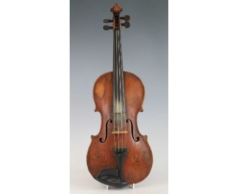 A Continental violin, having a one piece maple back and spruce table with ebony finger board and rosewood pegs, bearing a lab