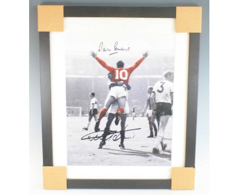 England World Cup 1966, Geoff Hurst and Martin Peters colourised photograph of the famous crossbar goal celebration, signed i
