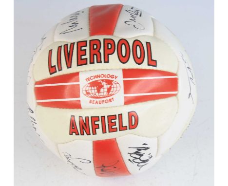 A Liverpool Football Club Technology Beaufort leather football, signed by various team members in black ink to include John B