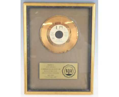Electric Light Orchestra, Telephone Line, United Artist UA-XW1000 gold disc with presentation plaque below "Presented to Arti
