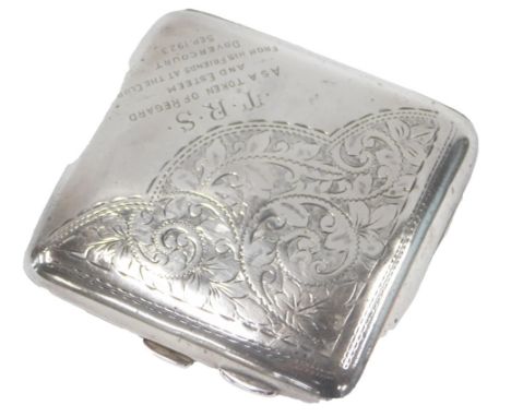 A George V silver cigarette case, with partial engine turned decoration and inscribed TRS As a Token of Regard and Esteem fro