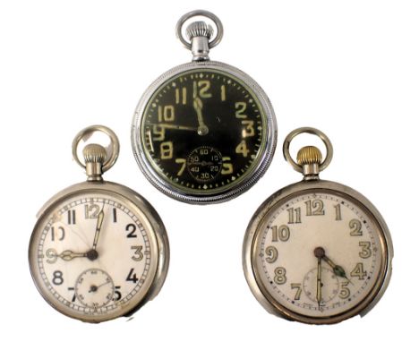 Three military pocket watches, comprising two with white enamel numeric dials, with military arrow GSTP T43035, and L3914, an