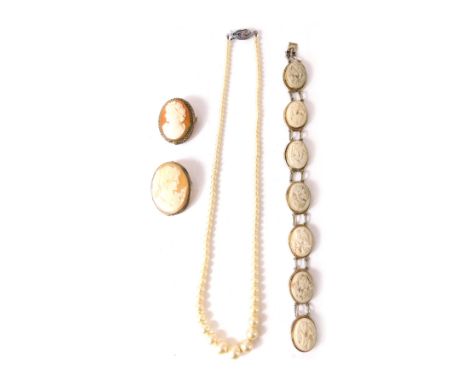 Cameo and lava jewellery, comprising a shell cameo brooch depicting maiden, in a silver plated border, another with marcasite