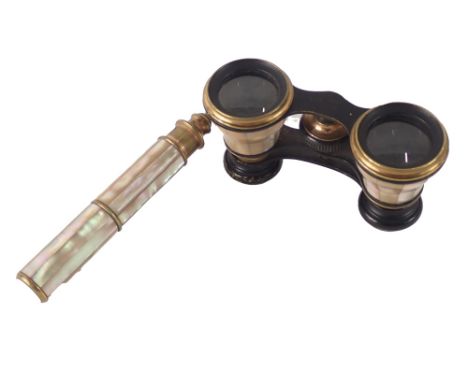 A pair of W Ecker Lucerne mother of pearl cased and handled opera glasses, with adjustable handle, in material case. 