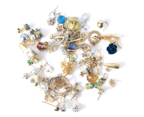 A group of costume and 9ct gold earrings, mainly stone set, enamel ladybird, single earrings, cz set stones, etc. (a quantity