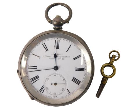 An Acme silver pocket watch, with white enamel Roman numeric dial, marked H Samuel Manchester, with Roman numerals and second