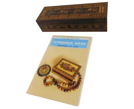 A late 19thC rosewood and Tunbridge ware cribbage box, the lid decorated with flowers within geometric borders, hinged to enc