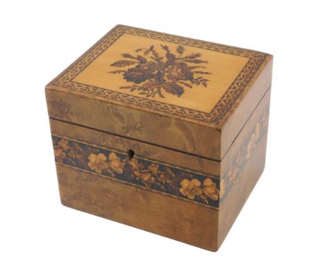 A late 19thC Tunbridge ware tea caddy, the rectangular top decorated with a spray of flowers within a parquetry border, the b