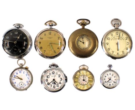 A collection of pocket and fob watches, comprising a Ruhlo stainless steel cased and black faced pocket watch, a Kienzle seve