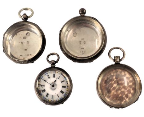 Three silver watch cases, and a Continental silver fob watch, with white enamel Roman numeric dial, with gilt flower markers,