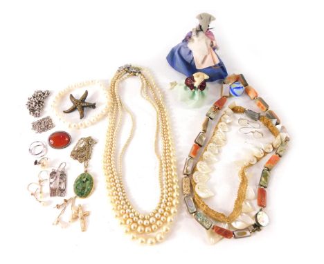 A group of costume jewellery, comprising mice pin cushions, jet style beaded necklace, silver necklace, pearl bracelet, etc. 