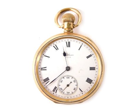 A Waltham USA gold plated pocket watch, with a white enamel Roman numeric dial with blue hands and seconds marker, the case b