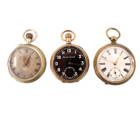 Three pocket watches, comprising a Trenton Record gold plated and black faced pocket watch with Roman numeric dial, a JR bras