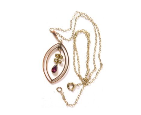 An Edwardian pendant and chain, the oval pendant of two bar outer design with a central seed pearl and amethyst drop, yellow 