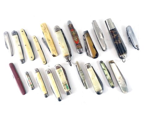 A collection of pen knives, comprising a Richardson's of Sheffield pocket tool, mother of pearl inlaid pen knives, Richardson