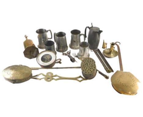 A quantity of metalware, to include a barometer, a spit jack, chestnut roasters, etc. 