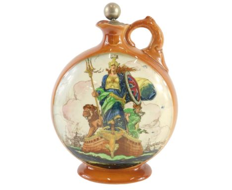 A Royal Doulton Dewar's whisky flask, decorated with Britannia shipping, etc., printed marked underside, 20cm high.&nbsp;