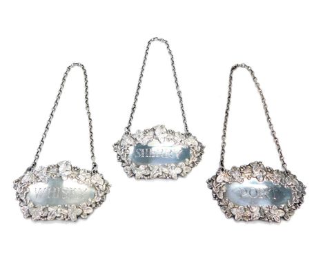 Three Elizabeth II silver decanter labels,  Sherry, Whisky, Port, Birmingham circa 1971, 1.4oz.