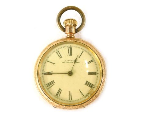 An American gold plated fob watch, stamped AWW and Co Waltham Mass, on a white enamel dial with Roman numeric border and gold