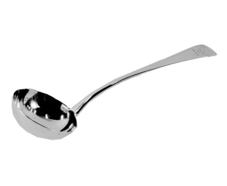 A Victorian silver serving fiddle pattern ladle, with a lion crest, London 1885, 1.66oz. 