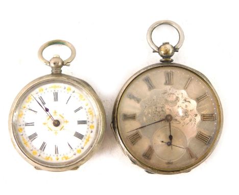 Two pocket watches, comprising a continental white metal fob watch, with white enamel Roman numeric dial and gold markers sta