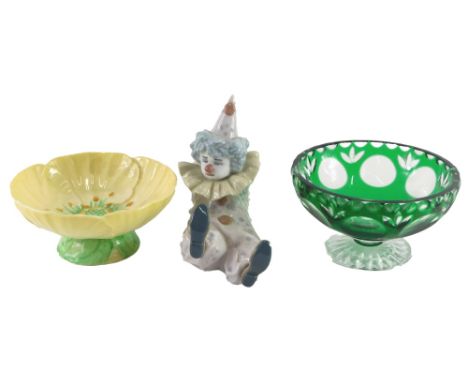 A Lladro porcelain model of a seated clown, a green flash small bowl, and a Carltonware buttercup shaped pedestal bowl. (3) 