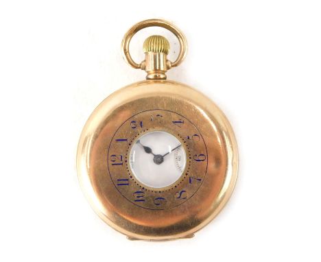 A Waltham gold plated half hunter pocket watch, the outer case with numeric black enamelled dial, opening to reveal a white e