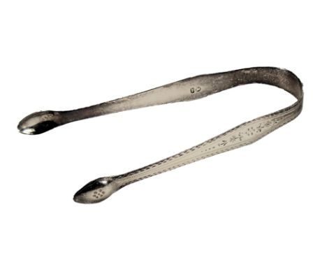 A pair of Hester Bateman silver sugar tongs, each with engine turned floral decoration, stamped  HB, 0.96oz. 