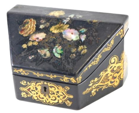 A Victorian papier mache stationary box, decorated overall with flowers, etc., inlaid in mother of pearl, picked out in gilt,