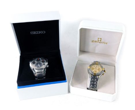 A Zenith gent's chronograph cased wristwatch, the automatic defy, and a Sekio chronograph start stop reset watch, boxed. (2) 