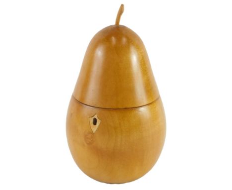 A turned fruitwood tea caddy, modelled in the form of a pear, possibly late 20thC/early 21stC, 19cm high. 