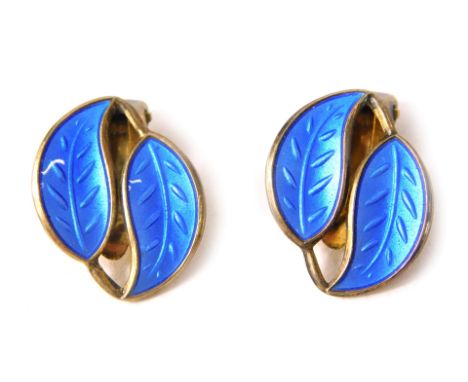 A pair of David Anderson Norwegian silver and blue enamel clip on earrings, each formed as two intertwined leaves, stamped DA