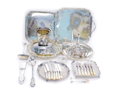 Silver plated wares, comprising two serving trays, card waiter, pepper mill, lighters, asparagus servers, ladle serving spoon