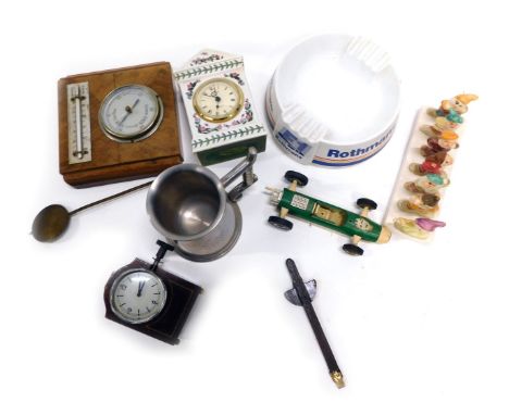 A quantity of clock parts, barometer, Lurpak Seven Dwarfs toast rack, Tri-ang car, car clock converted to mantel clock, etc. 