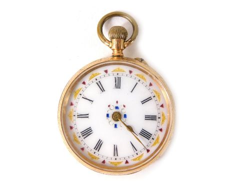 A Continental fob watch, in embossed floral case, with vacant cartouche, and a white ceramic numeric dial with gold hands and