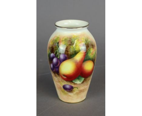 A Royal Worcester porcelain miniature baluster vase, decorated with fruit by Harry Ayrton, 10cm high, signed, black printed m