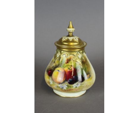 A Royal Worcester porcelain pot pourri vase and probably later cover of squat bulbous shape, decorated with fruit, 15cm high,