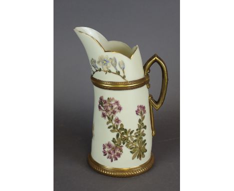 A Royal Worcester 'Blush Ivory' porcelain ewer, decorated in colours and gilt with floral sprays and butterfly, 19.5cm high, 