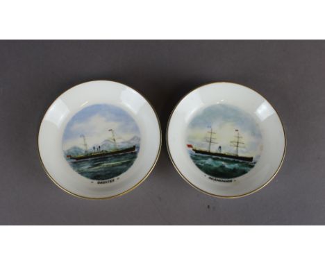 A pair of Royal Worcester porcelain pin dishes, printed with images of Blue Star Line steamships 'Agamemnon' and 'Orestes', e