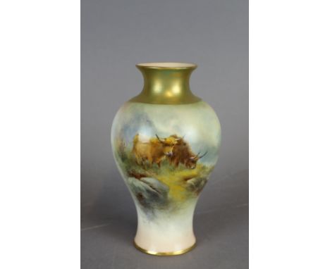 A Royal Worcester porcelain baluster shaped vase with flared rim and foot, decorated with Highland cattle by Harry Stinton, 1