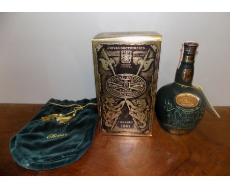 A bottle of Chivas Royal Salute 21 years aged blended Scotch whisky No. S450268, contained in Spode 'Emerald' pottery flagon,