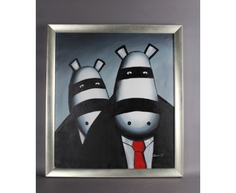 20th Century - Oil painting - 'Hippo Robbers', portrait heads, canvas 64cm x 56cm, indistinctly signed, in silvered frame, da