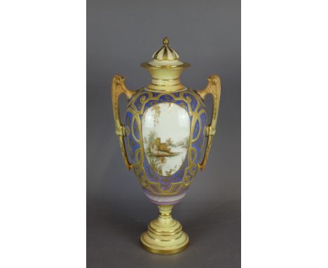 A fine Royal Worcester porcelain twin handled vase and cover, decorated in colours and gilt with river landscapes, the front 
