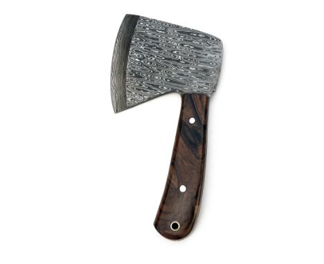 A HANDMADE DAMASCUS STEEL CHOPPER, approx. 4in. blade, measuring approx. 8in. overall, leather belt scabbard  This bladed pro