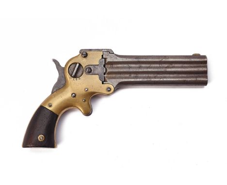 A RARE .32 (RIMFIRE) W. MARSTON PATENT 4IN. THREE-BARRELLED DERRINGER PISTOL, serial no. 406, circa 1864, with hinged moulded